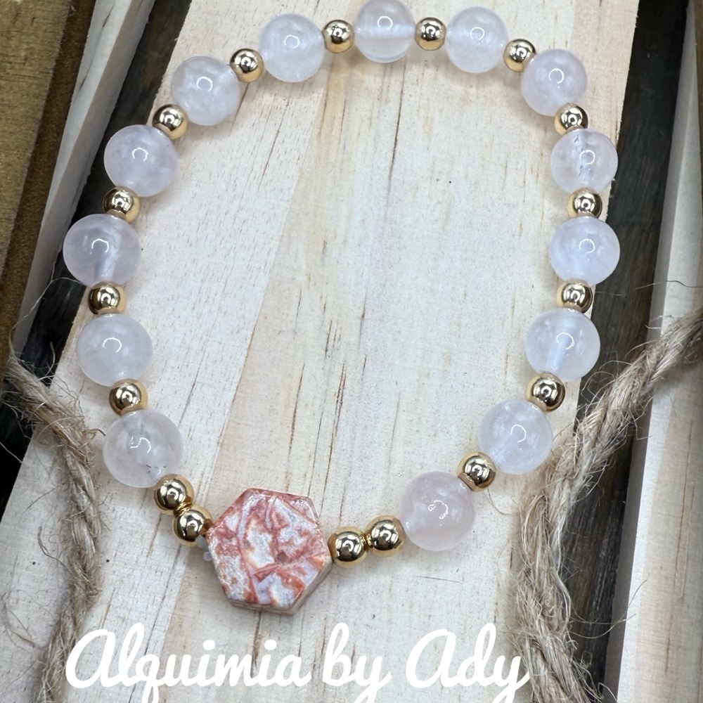 PINK QUARTZ BRACELET + Gold accents + Ocean Jasper Hexagon